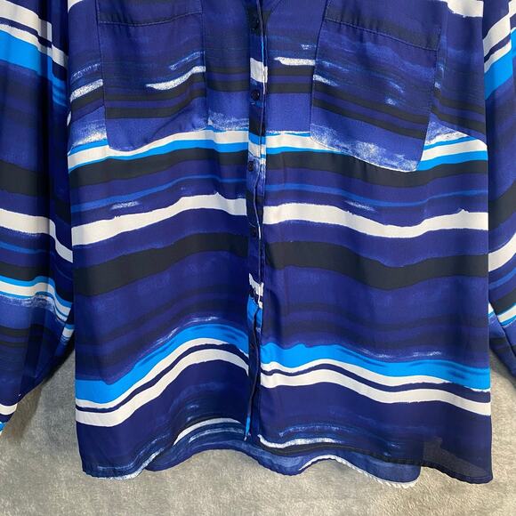 Notations Top 3X Button Down 3/4 Sleeve Blue Striped Abstract Career Casual - Picture 4 of 14
